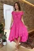 Made in Italy Forget Me Knots Bardot Shirring Dress Flamingo /9 =